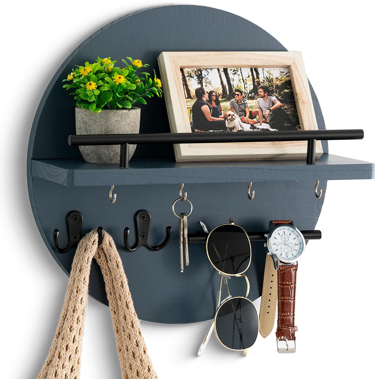 dreampossible Key Holder for Wall Decorative with Shelf and Hooks, Mail Organizer Wall Mount with Sunglasses Holder, Circular Design Entryway Key Rack Hanger, Rustic Home Decor