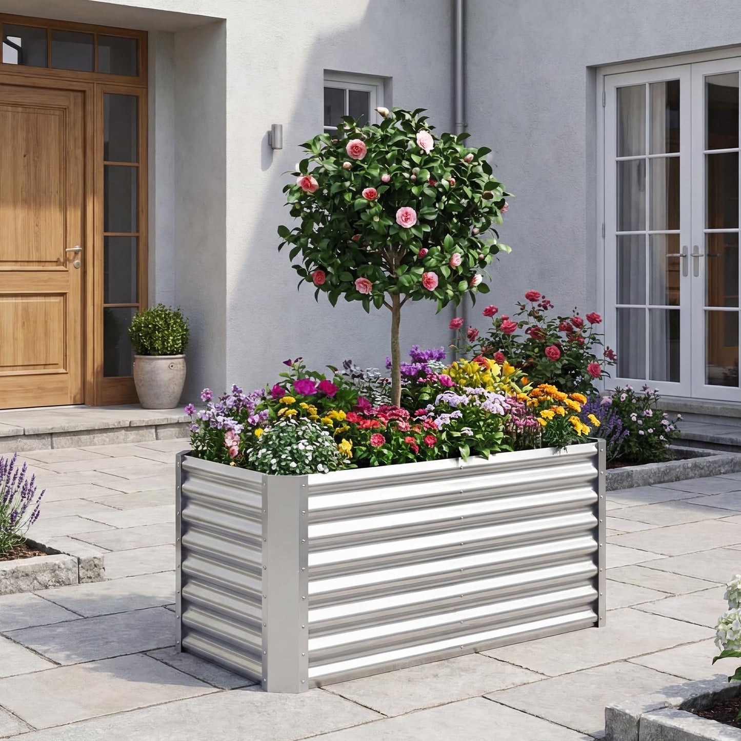 Giantex 4 x 2 x 2 FT Galvanized Raised Garden Bed, Rectangular Metal Planter Box with Open-Ended Base for Sapling Vegetable Flower Fruit, Outdoor Plant Container Kit for Patio & Lawn, Sliver