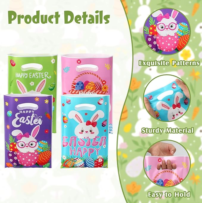 Easter Treat Bags with Handles, 50Pcs Colorful Bunny Treat Bags Bulk, Plastic Goody Candy Cookie Snack Tote Gift Bag for Happy Easter Egg Hunt Activity Spring Holidays Party Favor Supplies Decorations