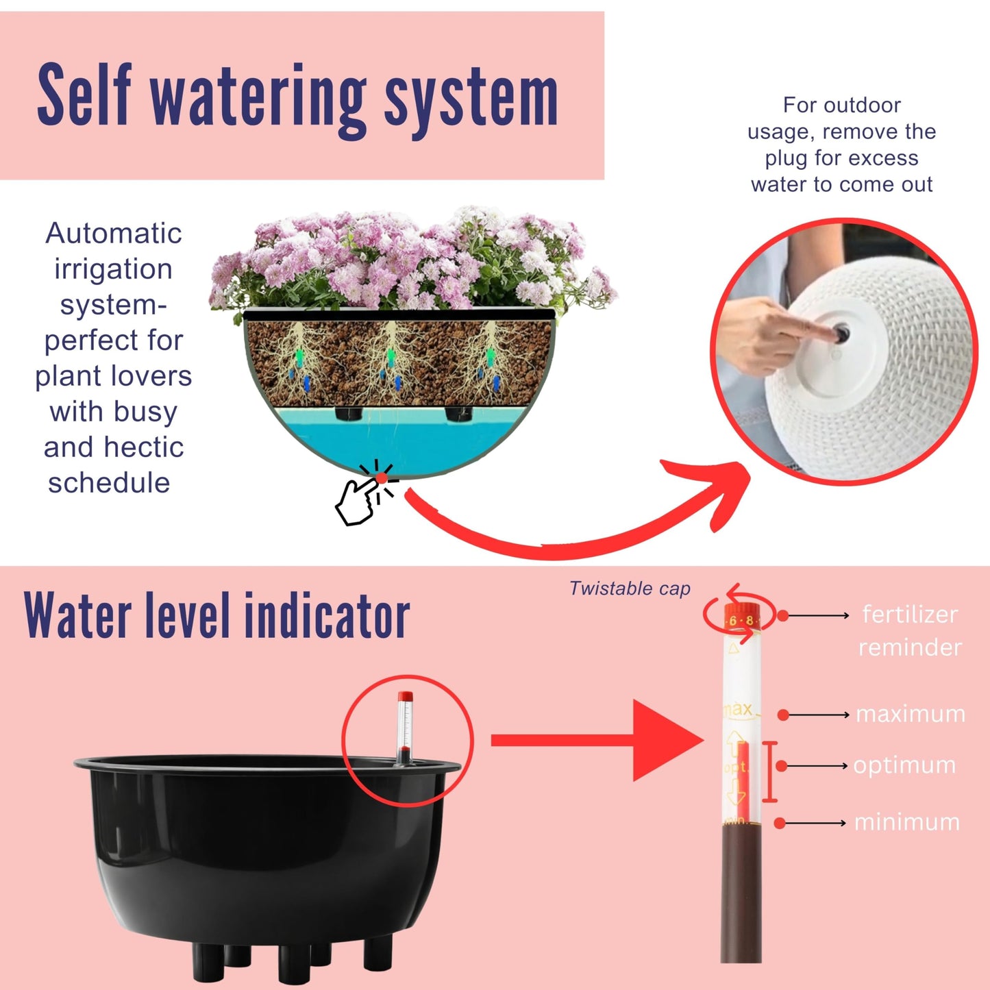 LaLaGreen Hanging Planters for Indoor Plants (11 Inch, 4 Pack) Self-Watering Round Rattan Style Flower Pots with Water Level Indicator, Black Metal Chain Hanging Baskets for Porch Garden Balcony Decor