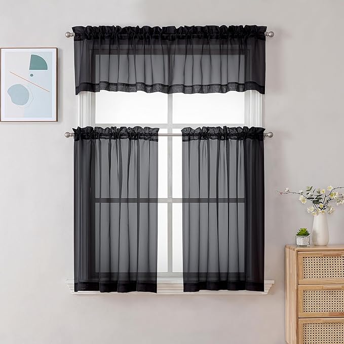 Chyhomenyc Sheer Black Valances for Windows 2 Pack, Small Window Curtains for Living Room Bathroom Cafe Laundry Basement, Modern Top Dual Rod Pocket Voile Curtain, 42W x 18L inches, Black
