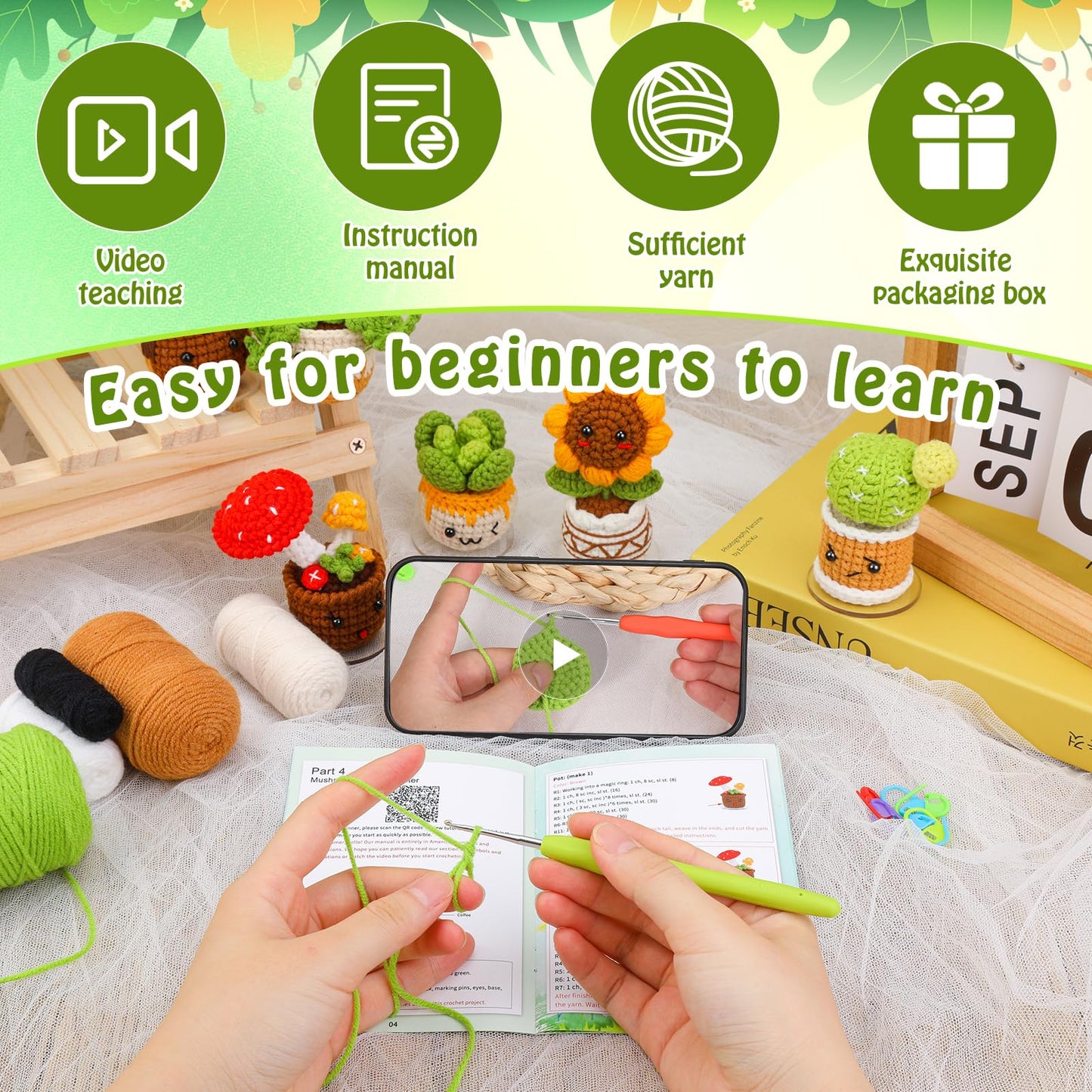FOUSNOW Crochet Kits, Plant Crochet Kits,11 PCS Potted Plants Crochet Starter Kit, Crochet Kit for Adults with Step-by-Step Video Tutorials, Craft DIY Knitting Supplies
