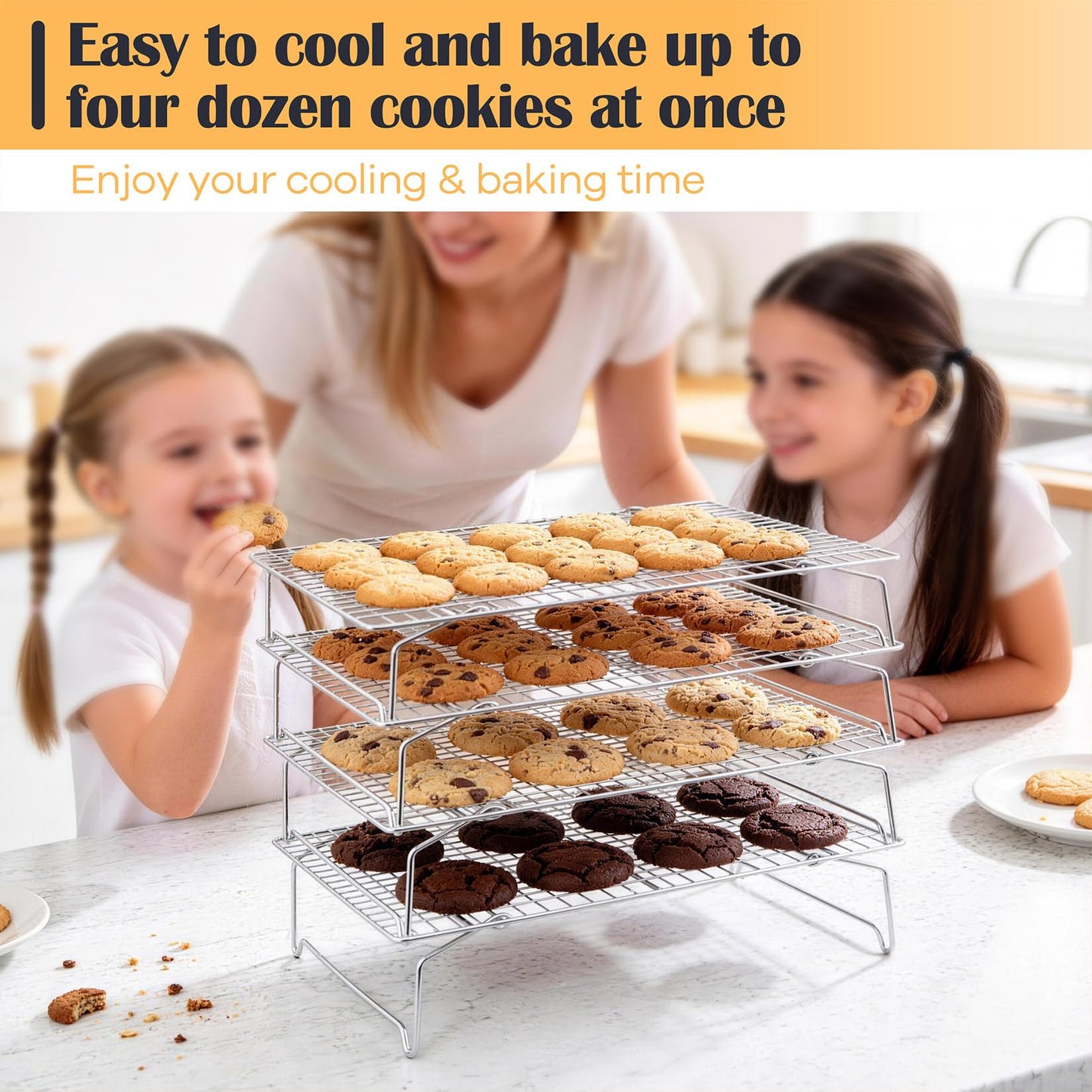 P&P CHEF Cooling & Baking Rack, 4-Tier Stainless Steel Stackable Grid Cooking Racks for Cooling Roasting Grilling, Collapsible & Heavy Duty, Oven & Dishwasher Safe, 15" x 10"