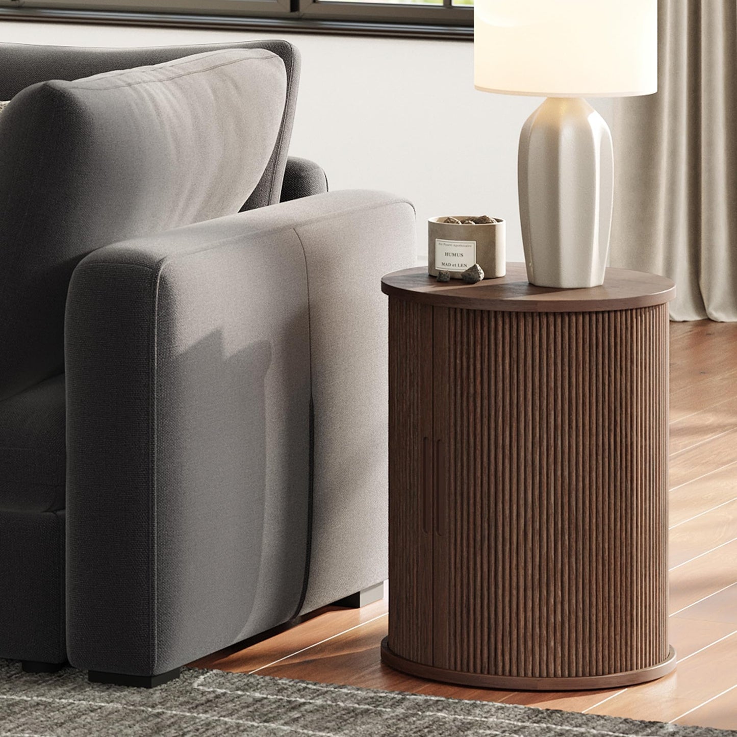 LINSY HOME Round End Table, Fluted Side Table with Sliding Tambour Door and Storage Shelf, Mid Century Modern Circular Nightstand for Bedroom, Wood Boho Tall Bedside Cabinet for Small Space, Walnut