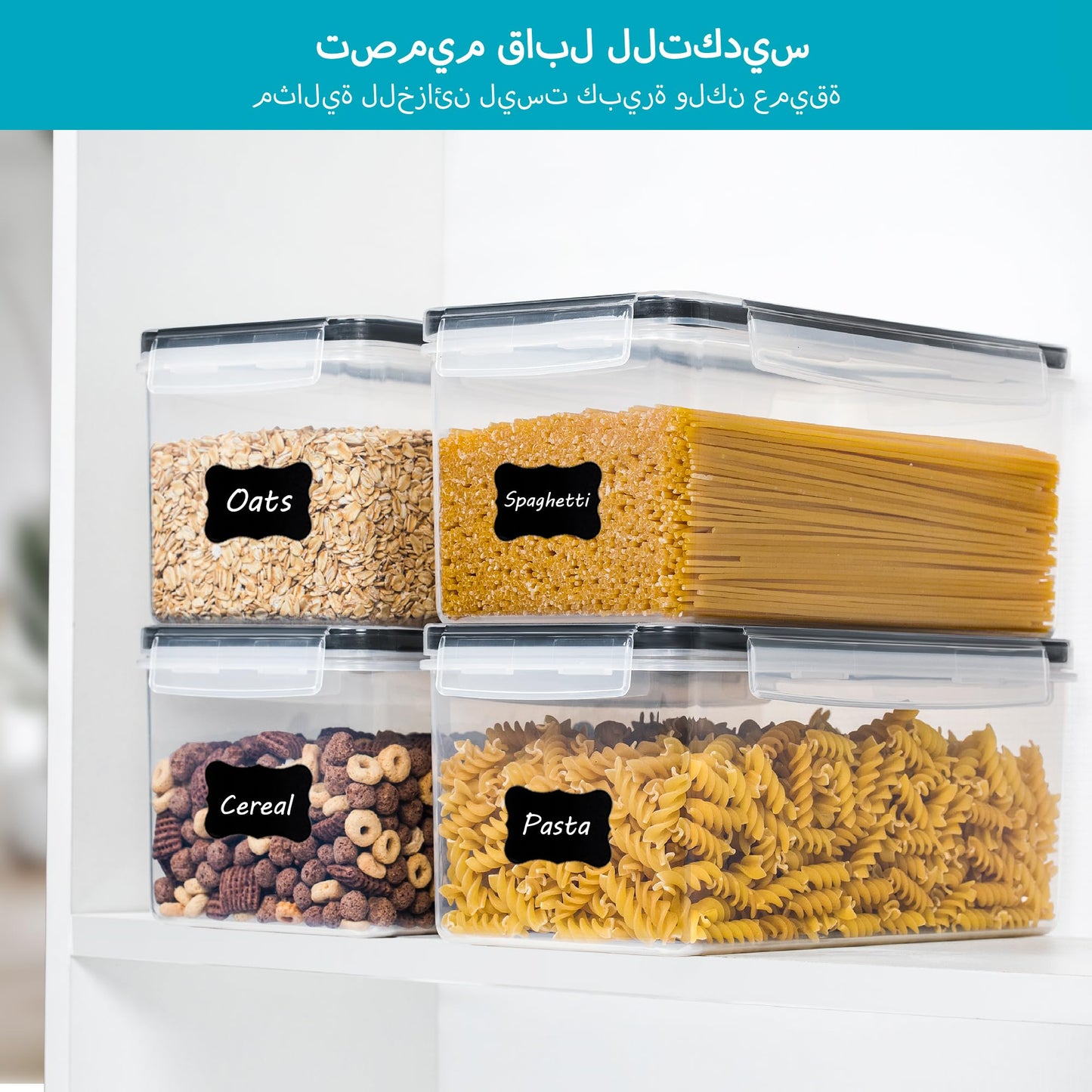 Vtopmart Airtight Food Storage Containers with Lids 4PCS Set 3.2L, Plastic Spaghetti Canisters for Pasta organizer, BPA Free Air Tight Kitchen Pantry Organization