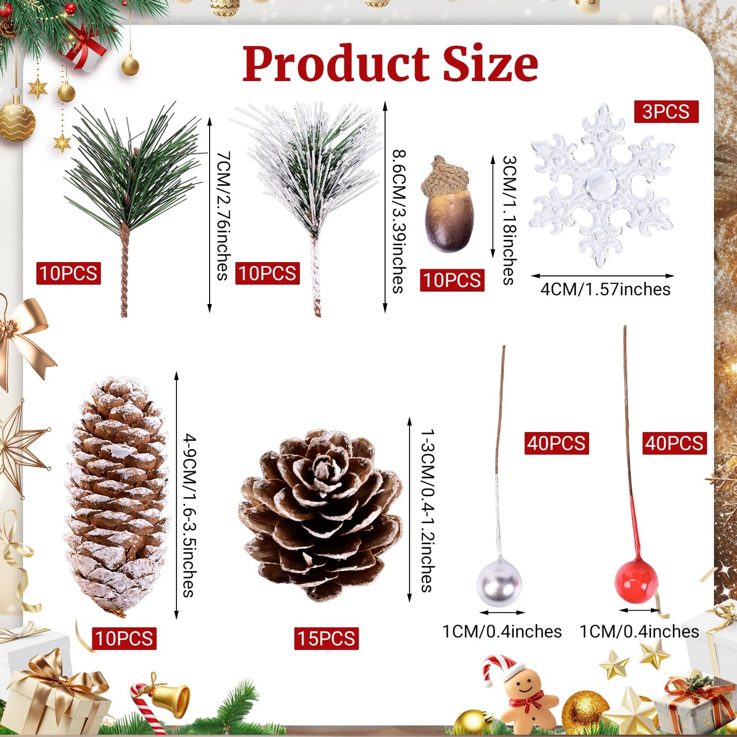 Christmas Decorations Pine Cones, 138PCS Natural Pinecones Berry Pine Branch Snowflake Set, White Christmas Ornaments Indoor Table Decor for Home Winter Decoration, Wreath Making Supplies