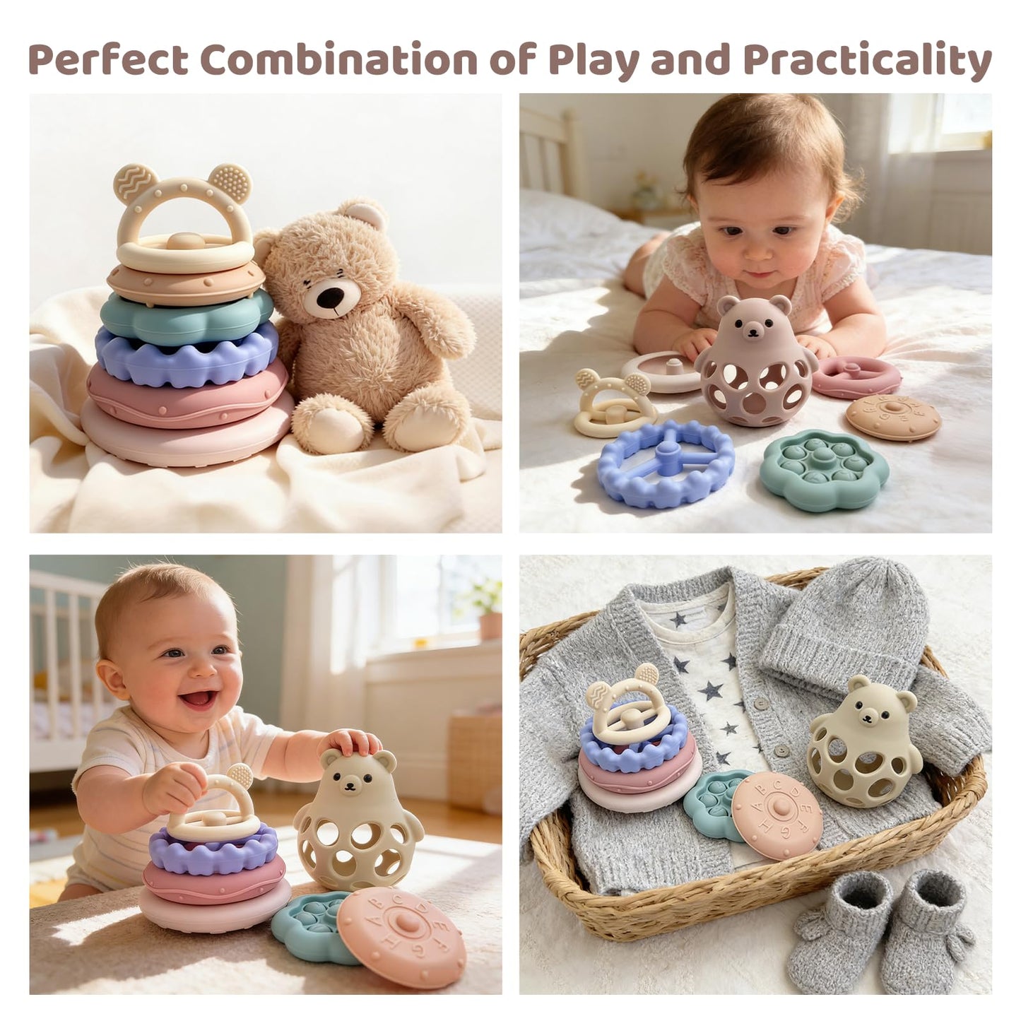 CuddleCubs Creations Baby Bear Teething & Stacking Toy Set - Teething Toys Silicone Teethers, Soft Baby Stacker Rings Teether, Learning Toy Gift for Boys and Girls 6+ Months (Beige)