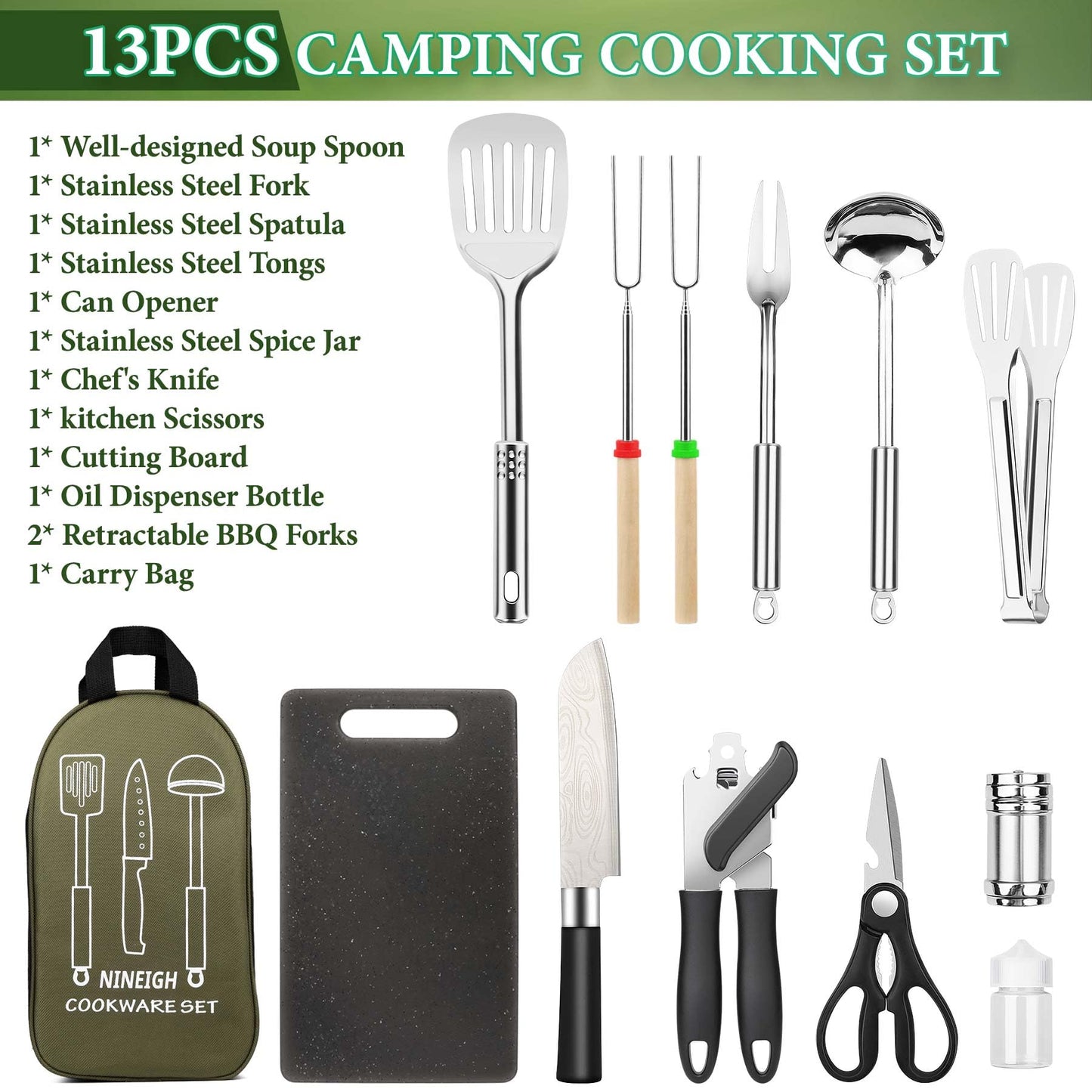 Camping Cookware Set, Camping Kitchen Gear, Camp Utensil Set Stainless Steel Grill Tools, Camping Cooking BBQ Equipment Kit for Travel Tent Picnic Portable Kitchen Essentials Accessories