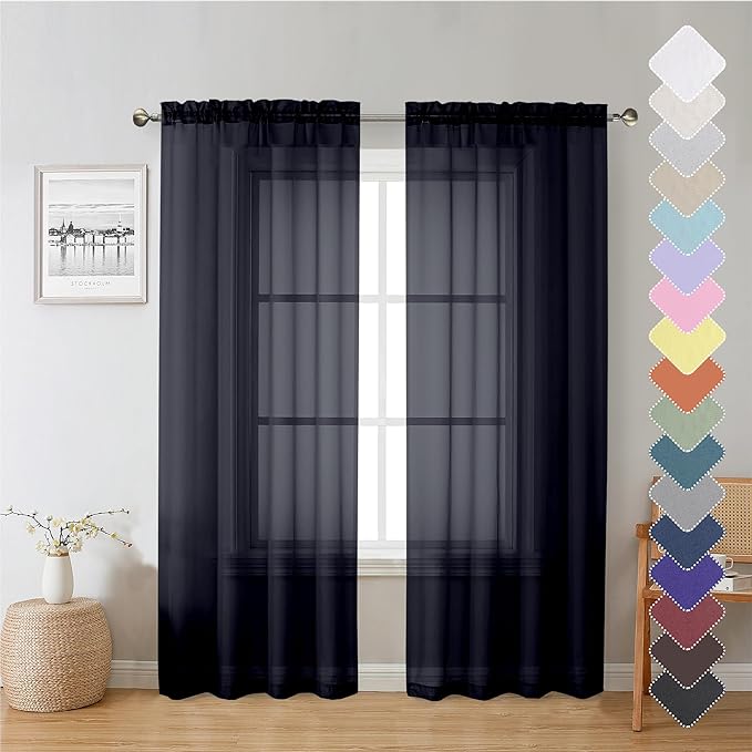 Lecloud Black Sheer Curtain Panels 72 Inch Length, Light Filtering Window Curtain Drapes Treatment for Living Room, Breathable Rod Pocket Sheer Curtains for Bedroom, 2 Panels, Each 40" Wx72 L