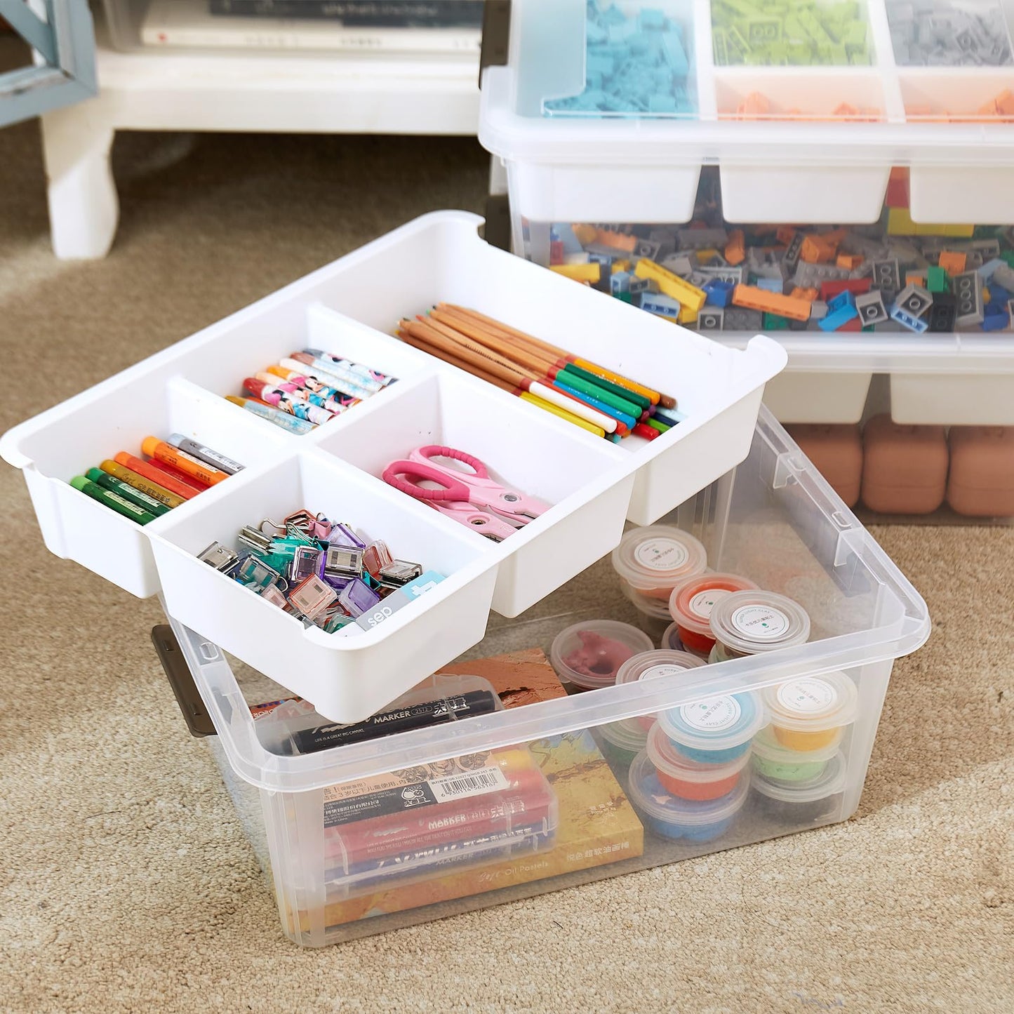 MACOPRO 17 QT Plastic Storage Box with Removable Tray, Bins with Lids, Clear Storage Container for Craft Supplies, Beads, Tools, Sewing, and Playdoh Organization (White, 1Pack-17QT)