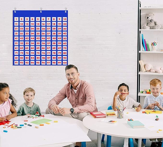 Hundred Pocket Chart Kids Counting Number Learning Tool for Classroom or Home,0-100 Number Cards & 9 Symbol Cards Included(100 Pockets)