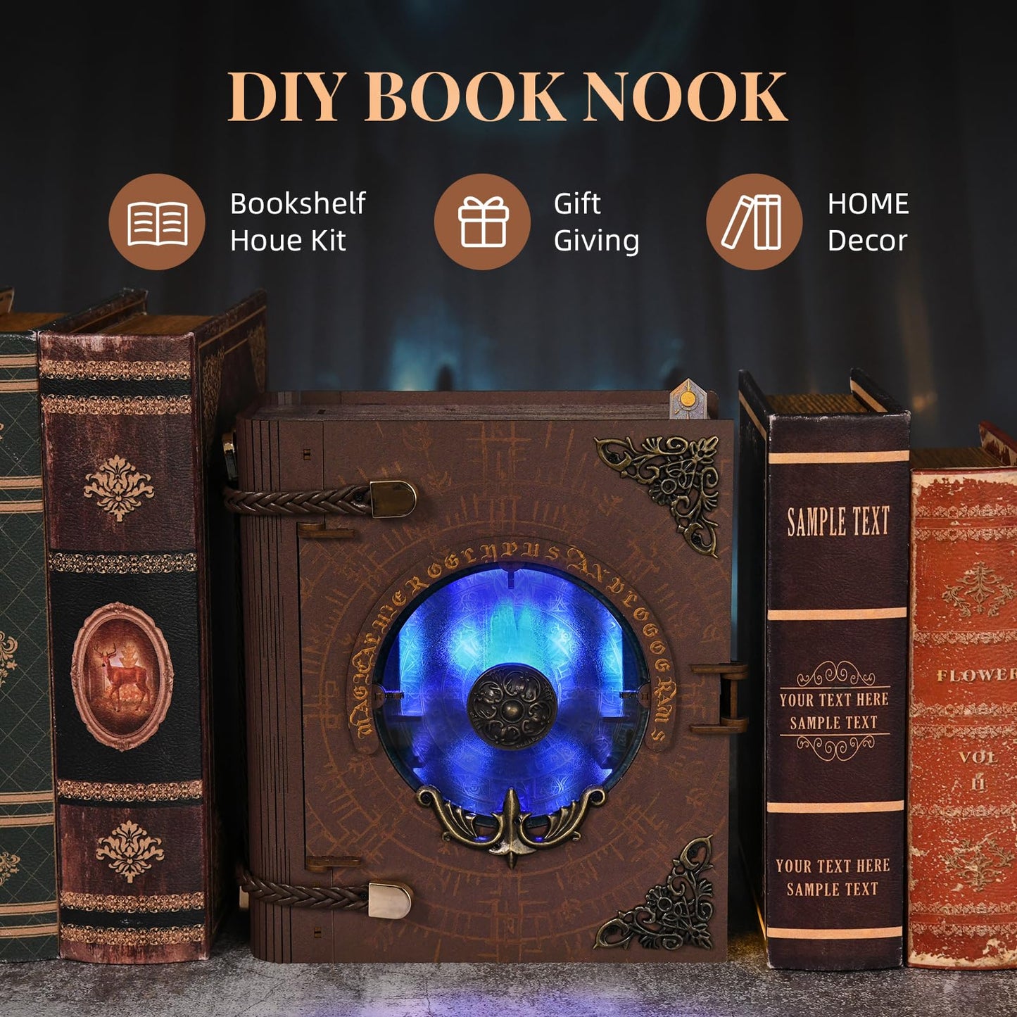 MiniCity DIY Book Nook Kit, 3D Wooden Bookend Bookshelf Insert Decor with LED Light, 278 Pcs Craft Kit for Teens & Adults (Circle of Magic)