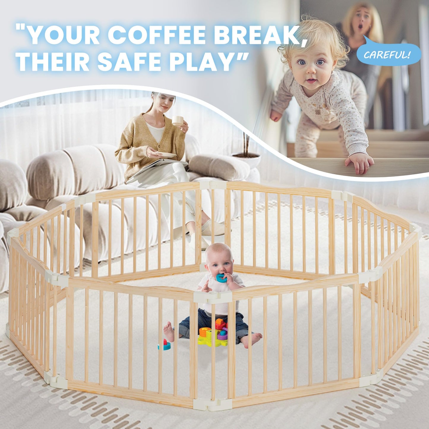 7-in-1 Foldable Wooden Toddler Climbing Toys, Foldable Wooden Playpen - Adjustable Wood Baby Play Yard