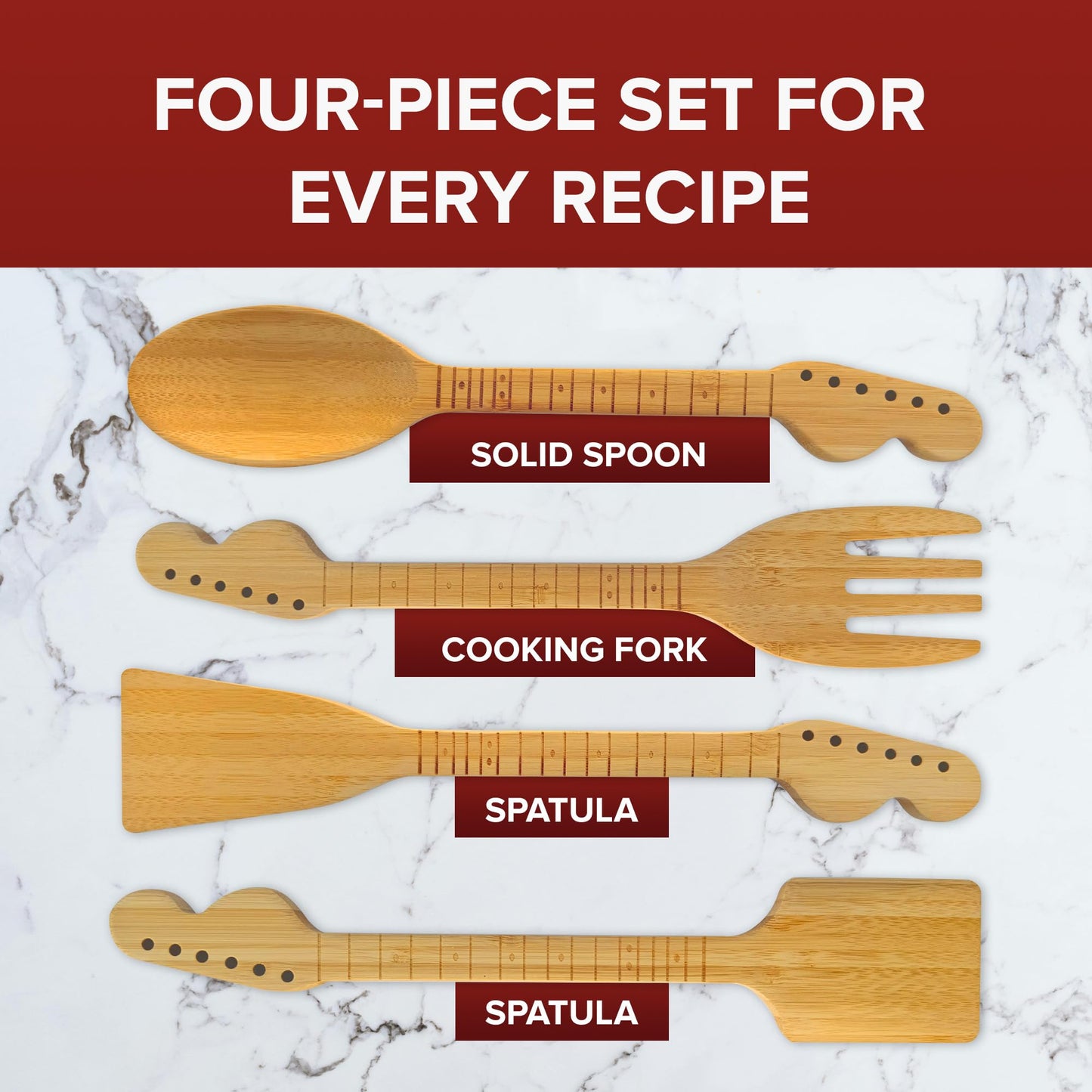 Rise8 Studios Guitar Bamboo Cooking Utensils Set (4-Piece) | Wooden Spoons and Spatulas | Fun Music Themed Kitchen Gadgets & Accessories | Unique Gift for Musicians, Guitar Players