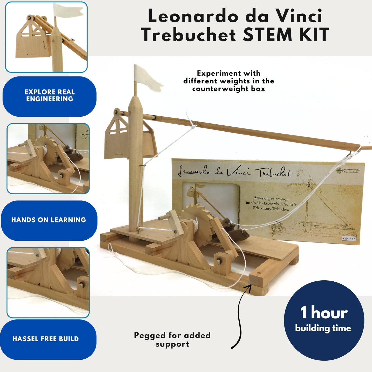 PATHFINDERS Leonardo da Vinci Trebuchet STEM Kit – Build Your Own Medieval Siege Engine – Educational Wooden Model for Teens & Adults, DIY Engineering Project, Science Experiment Gift