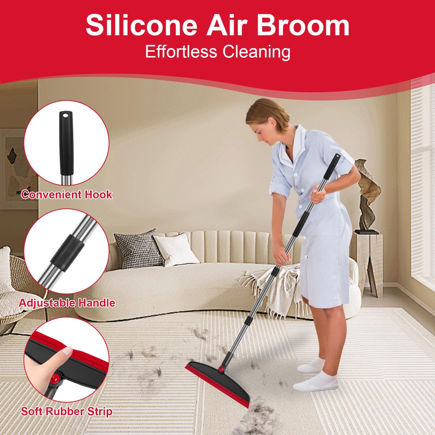 UDUK Broom with Dustpan Combo Set and Silicone Air Broom Kit, 51" Long Handle Floor Squeegee, Red Household Kit for Glass Window Rugs Pet Hair Home