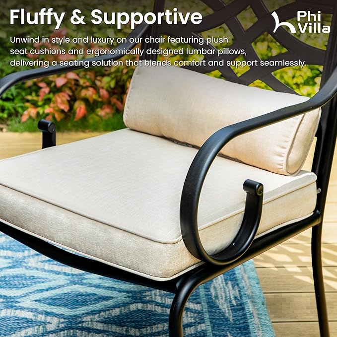 PHI VILLA 5 Pieces Outdoor Dining Set for 4, 37" Square Wood-top Metal Table & Wrought Iron Chairs, All Weather Large Outside Furniture with Cushions & Pillows for Patio, Deck, Porch