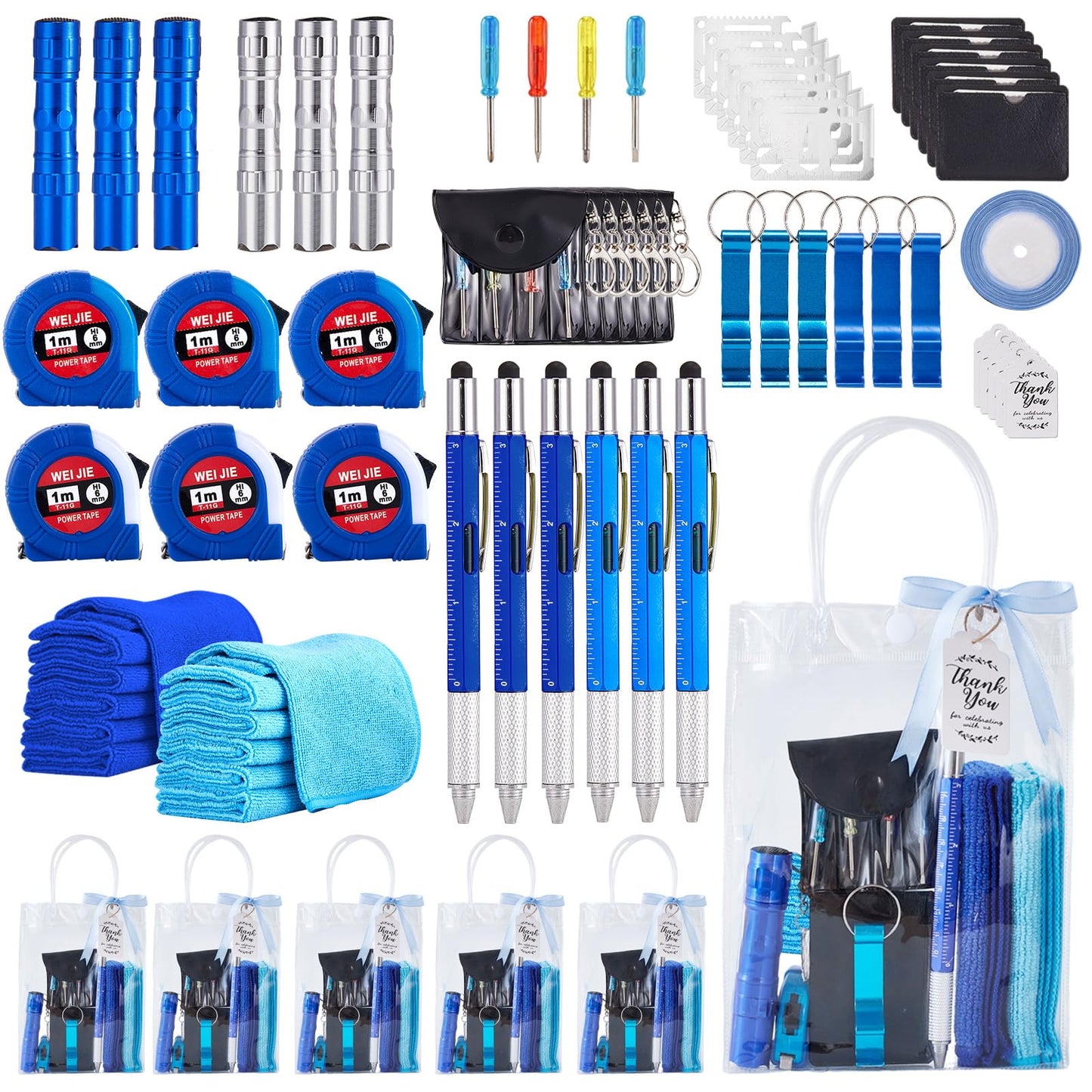 Wishfond 60PCS Baby Shower Prizes for Men 6 Set with Cleaning Cloth Bottle Opener Screwdriver Tape Measuring Keychain Multi Tool Pen Gift Bag Baby Shower Game Prizes for Winner Bachelor Party (Blue)