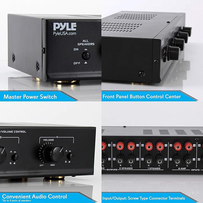 Pyle 4 Channel Speaker Selector Switch - Multi Zone Audio Distributor with Independent Volume Control, Compact Design, Supports Home Theater and Stereo Systems - PSLSW4.5