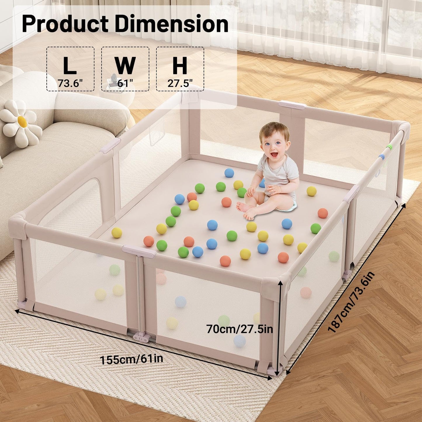 Foldable Playpen with Mat for Babies and Toddlers, 73" x 61" Baby Play Pen for Indoor & Outdoor, Playard with Soft Breathable Mesh, Pull-Link and Ocean Balls, Pink