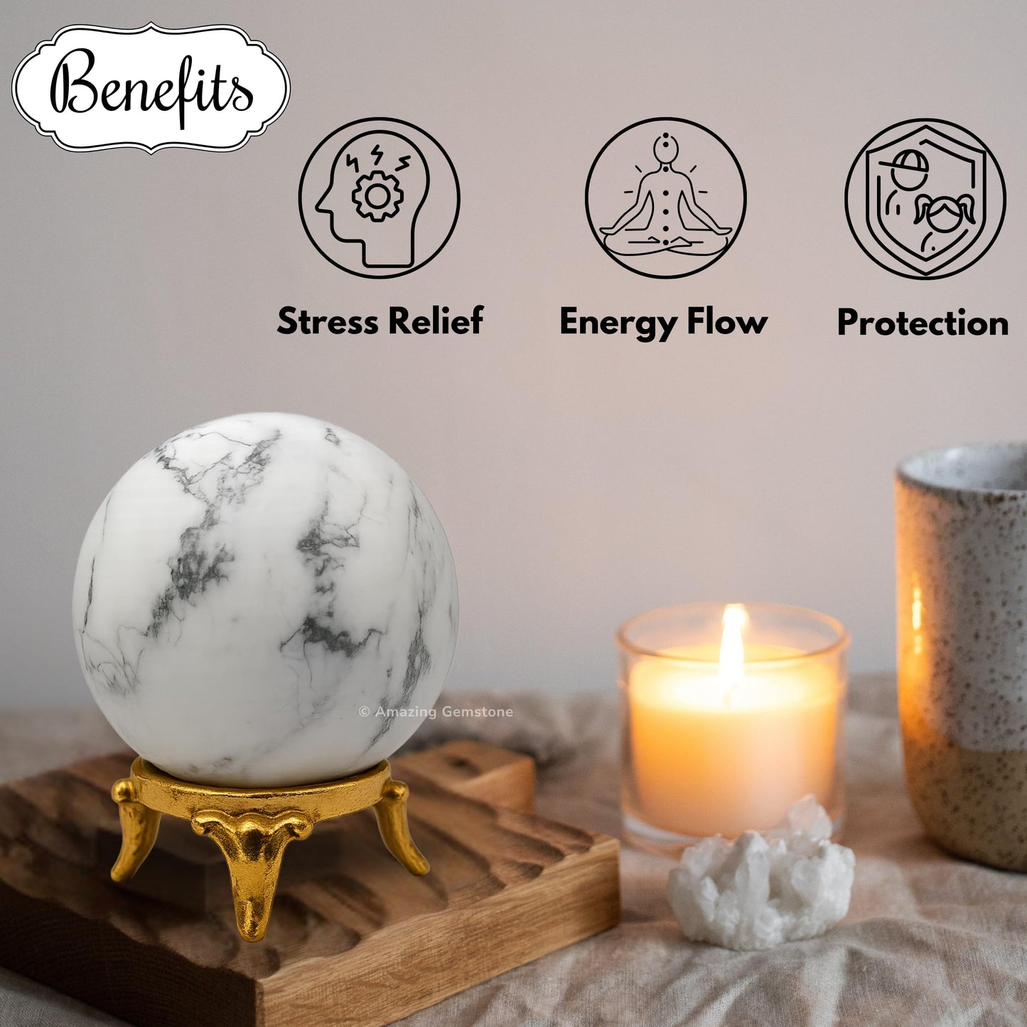 Amazing Gemstone Howlite Crystal Ball with Stand - 2 Inches Crystal Sphere Meditation Balls for Witchcraft and Decorative Balls