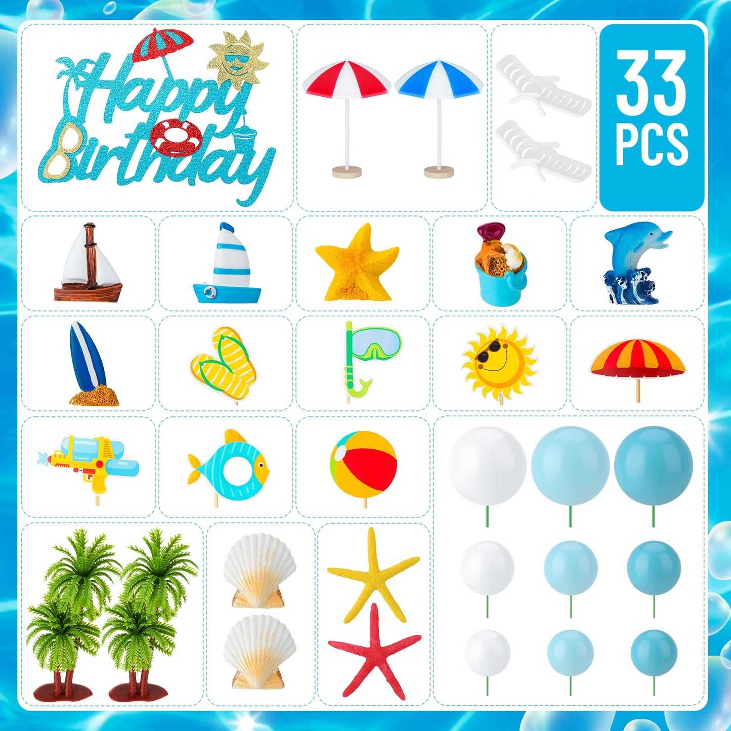 Guiqulai 33Pcs Summer Beach Cake Toppers, Hawaiian Ocean Pool Party Decorations for Birthday Cakes & Cupcakes, Tropical Blue Surfboard Starfish Coconut Tree Mini Figurines