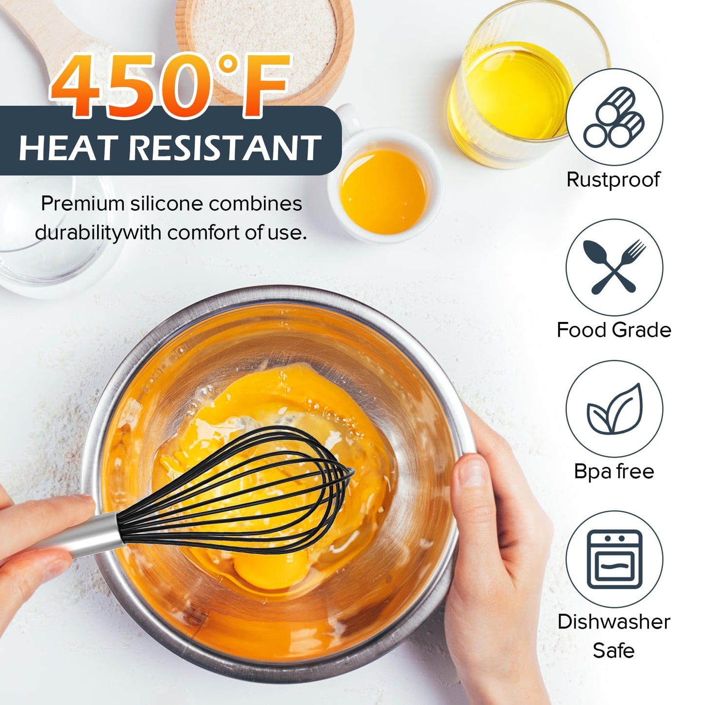 Silicone Whisk, Stainless Steel Wire Whisk Set - 3 PCS Rubber Whisks for Cooking, Non-stick Cookware, Kitchen, Balloon Egg Beater Perfect for Blending, Whisking, Black