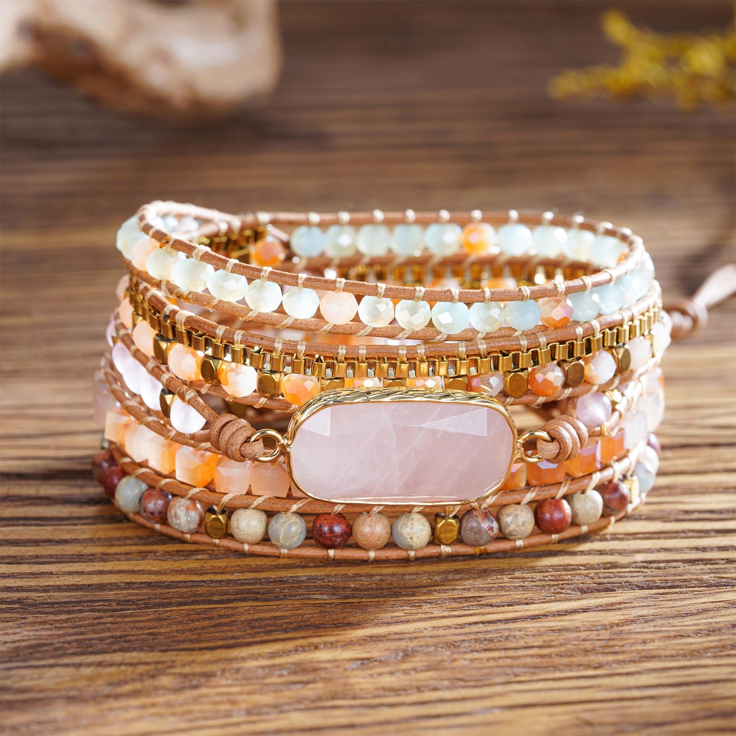 Plumiss Handmade Rose Quartz Leather Wrap Bracelet for Women, Boho Multi-Layer Natural Stone Beaded Strand Bracelets, Adjustable Stackable Jewelry Gift for Mom Girlfriend