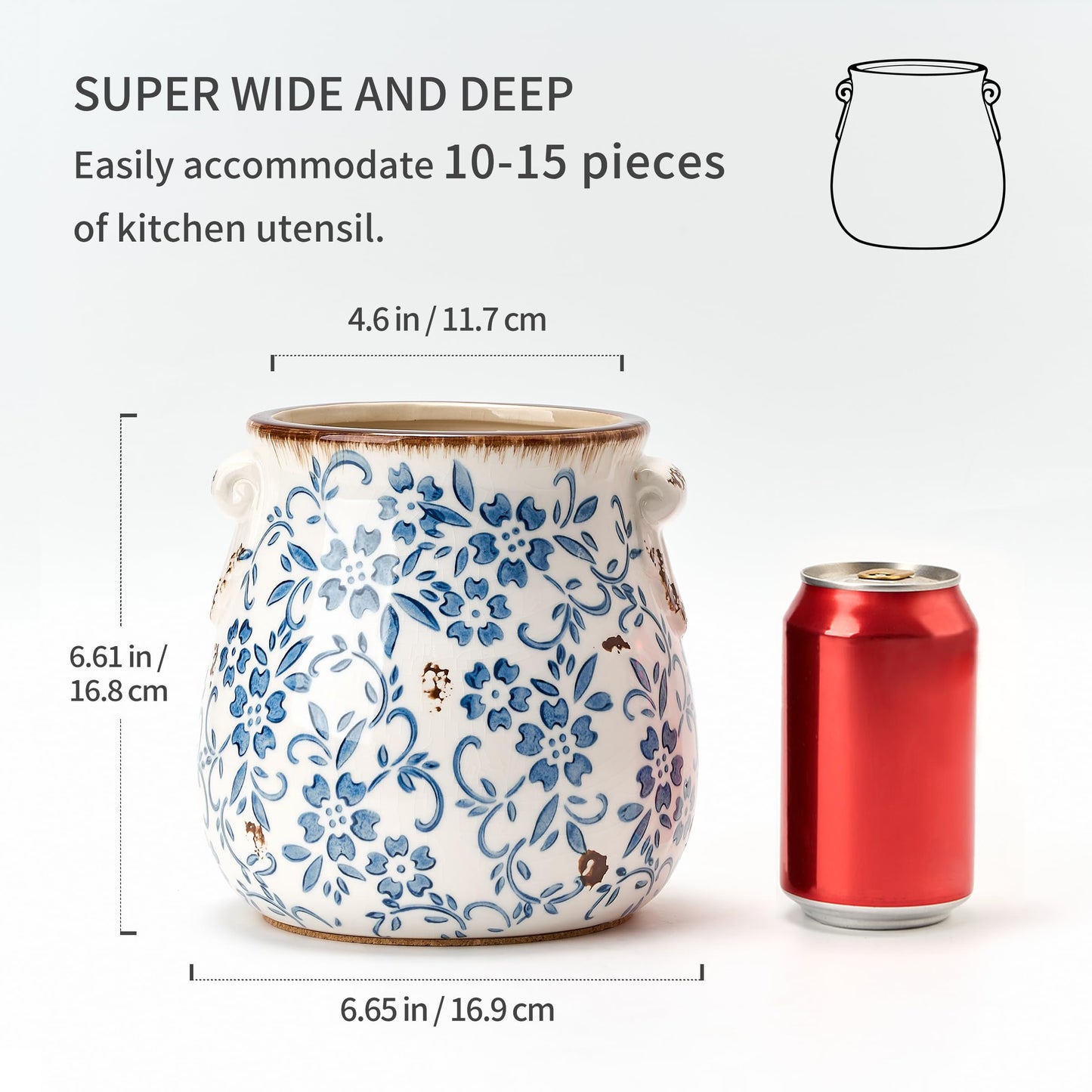 Utensil Holder for Kitchen Counter, Modern Farmhouse Rustic Cooking Utensil Holder and Crock, Exquisite Chinoiserie Floral Ceramic Utensil Organizer for Home Kitchen Decor- Blue and White Porcelain