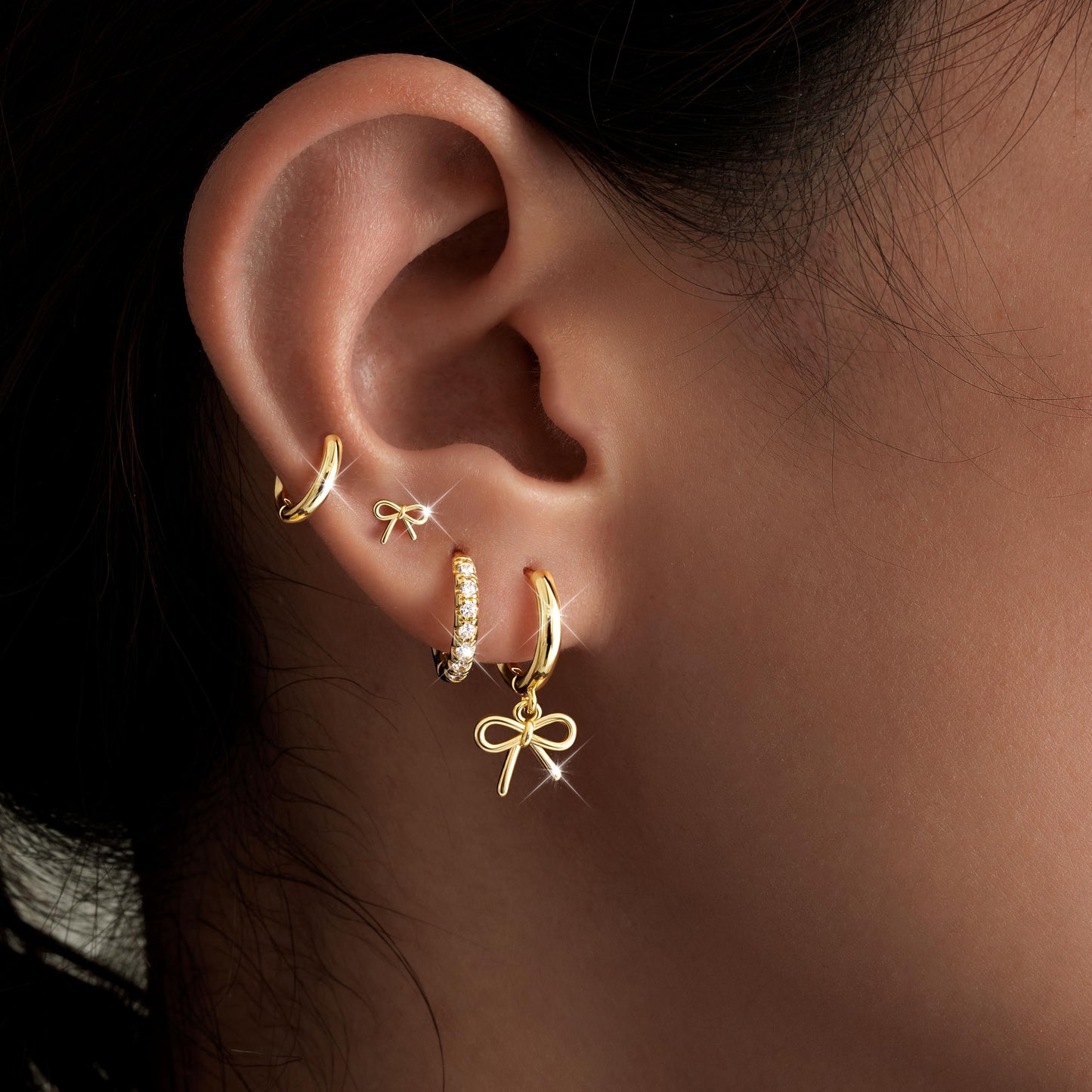 Gold Bow Earrings for Women,Huggie Small Stack Cartilage Stud Hoop Earring Sets for Multiple Double Piercing, Conch Helix Rook Tragus Daith Piercing Gold Clip On Jewelry Set Gifts