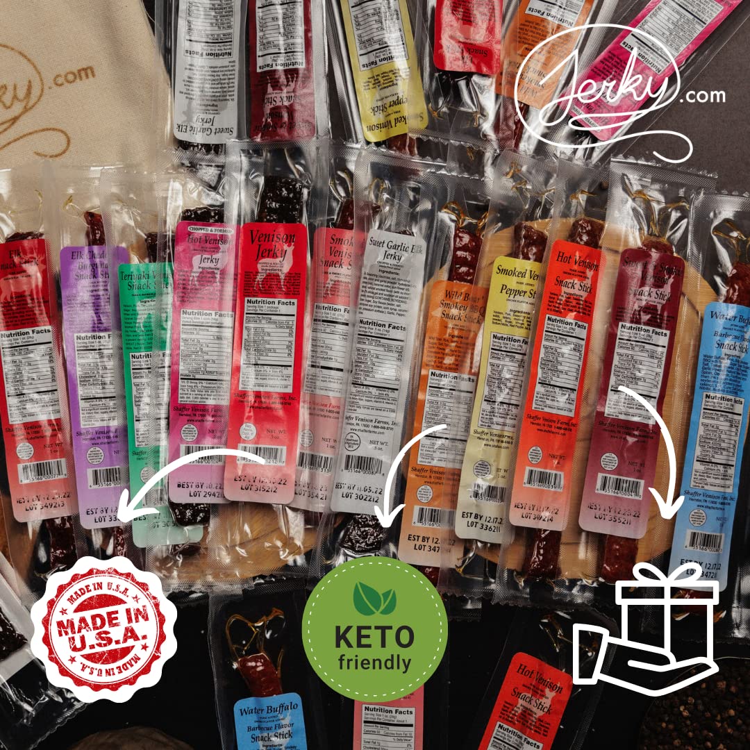 Jerky.com Exotic Meat Sticks Gift Bag | Wild Game Jerky Sampler with Venison, Elk & Wild Boar Meat Sticks | 12pc High Protein Jerky Gift basket for Men | Fathers Day Gift for Dad
