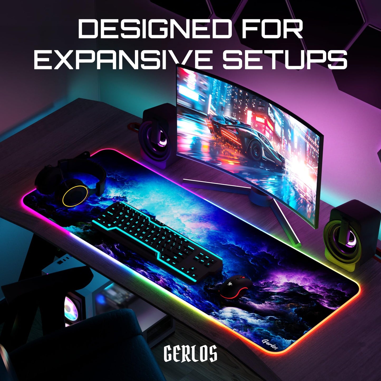 Gerlos RGB Gaming Mouse Pad, Large Extended LED Desk Mat with 12 Light Modes, Non-Slip Rubber Base, Water-Resistant, 31.5×11.8 Inch