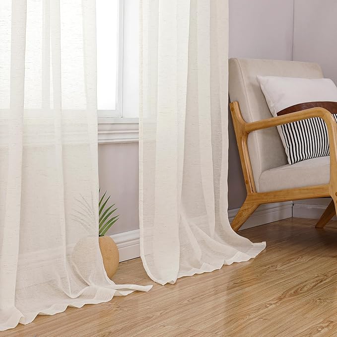 Simplebrand Natural Linen Textured Sheer Curtains 84 inches Length 2 Panels Set, Sheer Curtains Light Filtering Rod Pocket Window Sheer Curtain Panels, Elegant Curtains & Drapes for Bedroom, 40" W