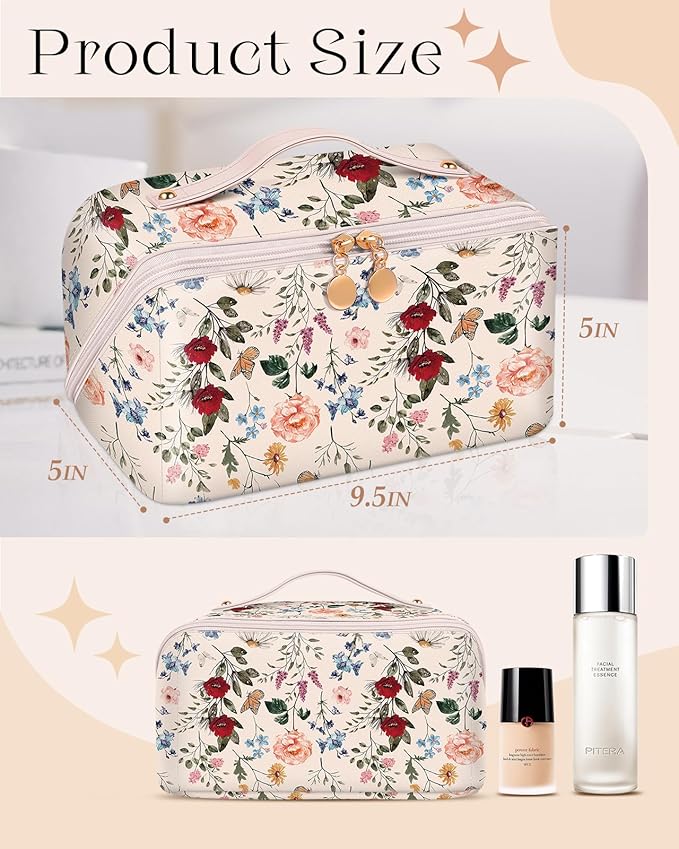 Bistup Makeup Bag Travel Cosmetic Bag Toiletry Make Up Bags Cute Women Large Capacity Big Medium Leather Flower Floral Aesthetic Girl Teen Teenage Foldable Expandable Open Flat Zip