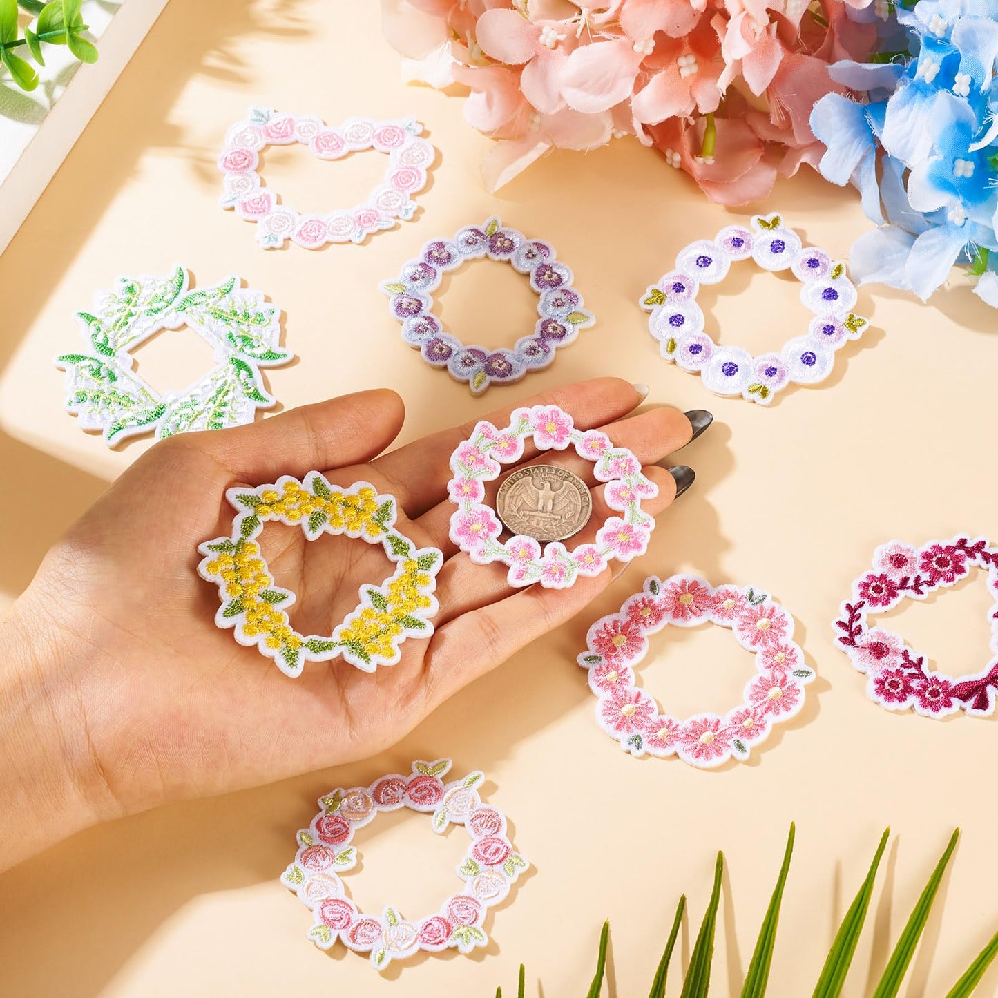 Cheriswelry 9Pcs Flower Iron on Patches for Clothing Wreath Embroidered Applique Patches 52-62mm for Hats Dress Jackets Jeans Backpacks DIY Craft Accessories
