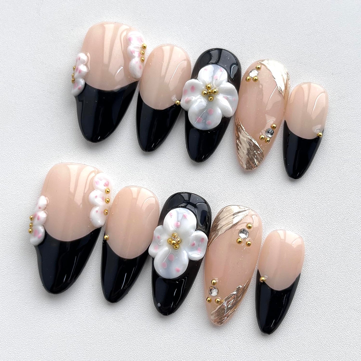 Handmade Press on Nails Almond Medium 3D Floral French Tip Thick Acrylic Fake Nails False Nails with White Flower Gold Curve Line Designs Black Sturdy Nail Art Press on Nails 10Pcs(S)