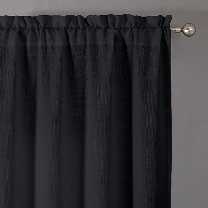 Chyhomenyc Black Valance for Windows, Faux Linen Slub Textured Small Kitchen Window Valance Curtain for Living Room Bathroom Cafe Laundry Basement, 30Wx14L inch, 2 Piece
