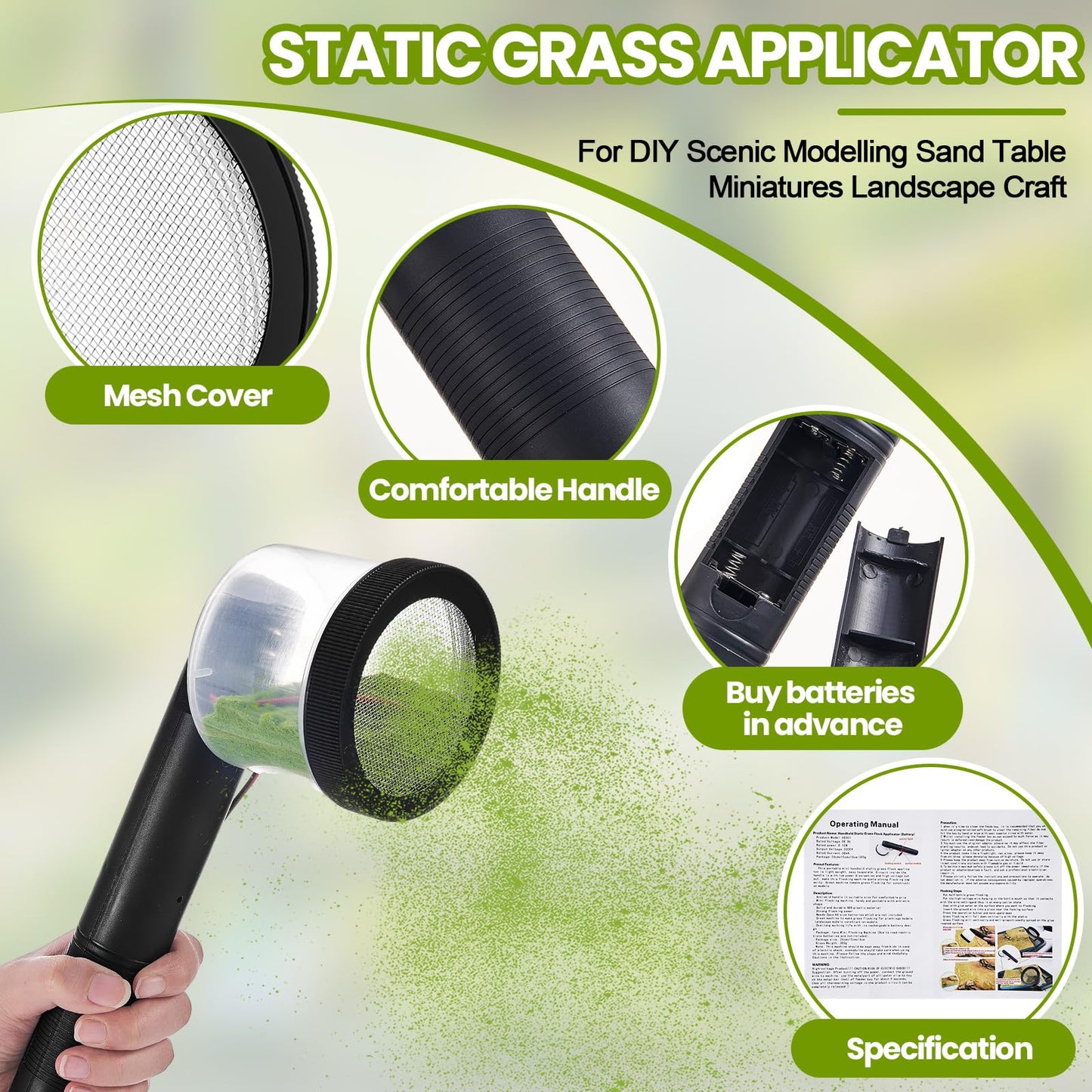 Tioncy Mini Static Grass Applicator Flocking Kit with Anti Slip Handle and 4 x 60g Colors Grass, Diorama Making Supplies, DIY Model Train Accessories Miniatures Landscape Craft(Curved Head)
