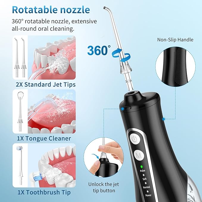 Cordless Oral Irrigator - 4 Modes Water Flosser for Teeth Cleaning, 300ML Reservoir, 360° Nozzle, IPX7 Waterproof, 2000mAh Rechargeable Battery, 4 Jet Tips, Smart Memory Function (M149 - Black)