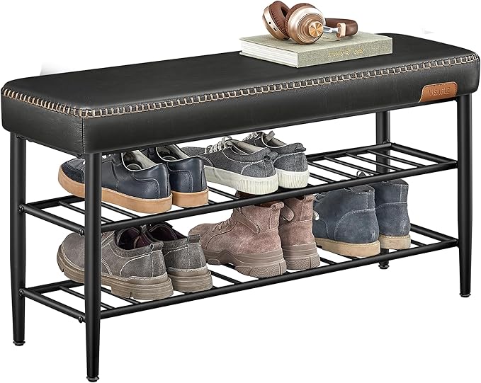 VASAGLE EKHO Collection - Shoe Rack Bench, Storage Bench for Entryway, Synthetic Leather with Stitching, Mid-Century Modern, Loads 300 lb, 11.8 x 39.4 x 19.7 Inches, Ink Black ULSB113B01