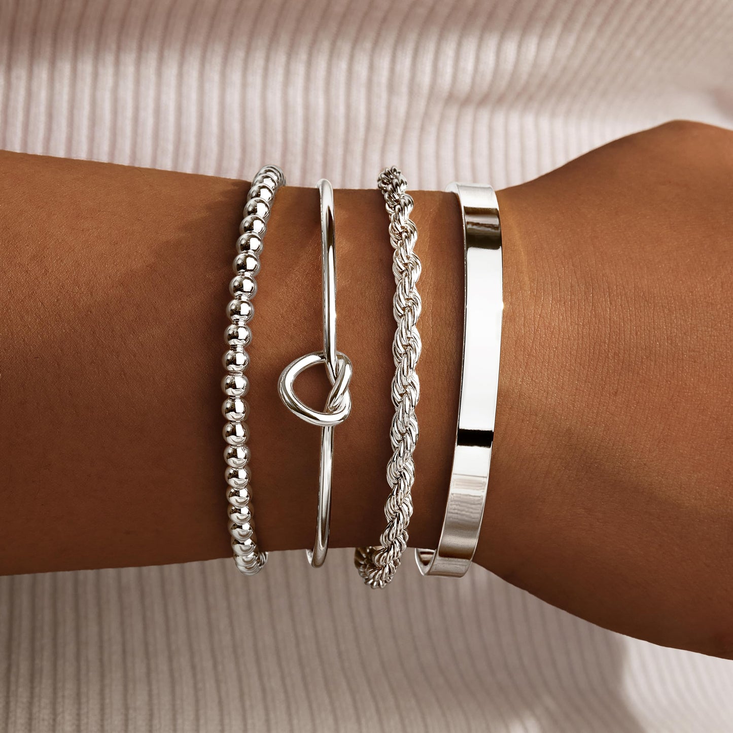 Silver Cuff Bracelets Stack for Women, Silver Plated Bangle Link Chain Bracelets, Trendy Waterproof Jewelry Gifts Adjustable