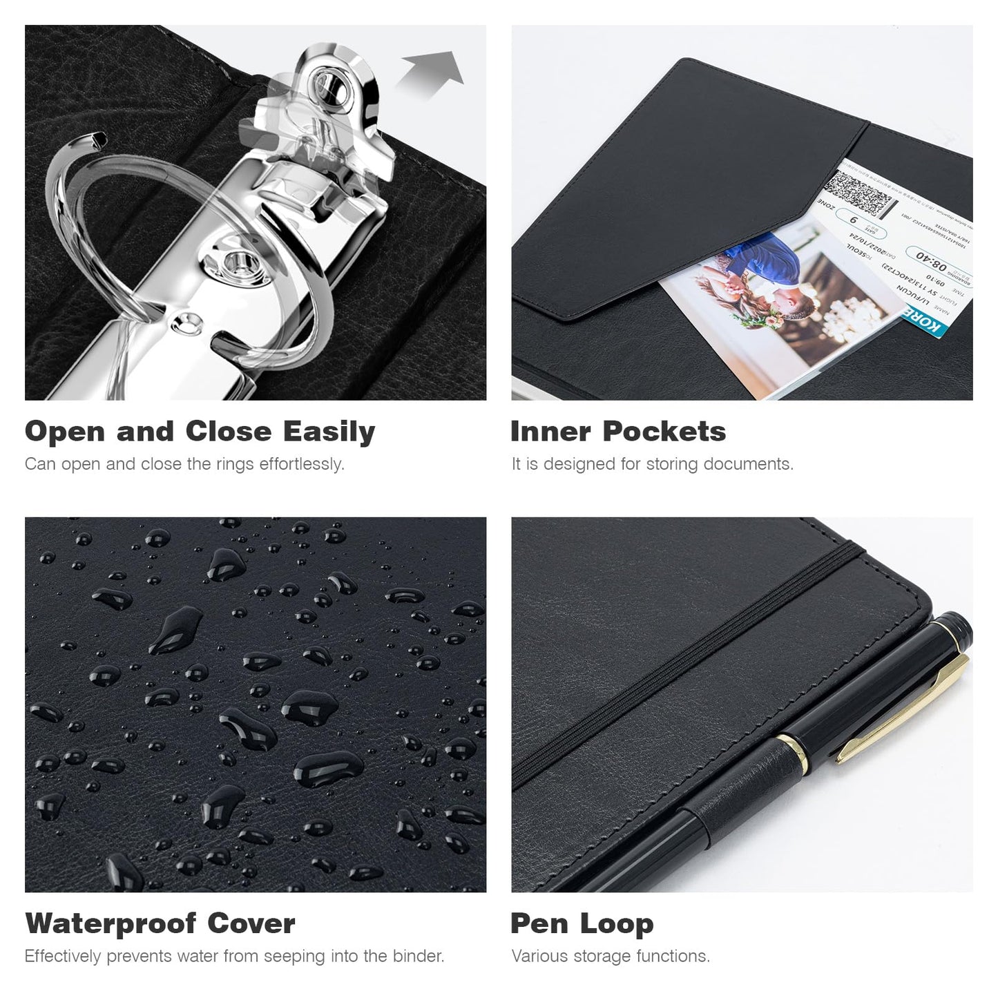 Ospelelf 3 Ring Clipboard Binder 1 Inch Leather for Letter Size (8.5" x 11"), Clipboard Binder with 5 Tab Dividers, Black