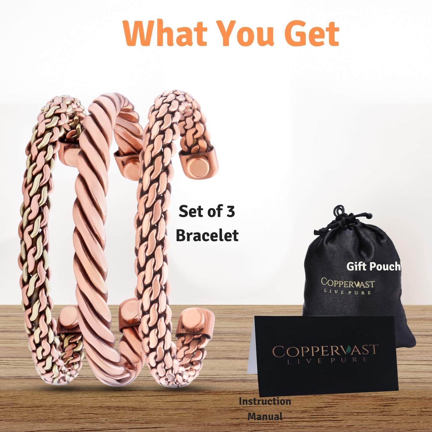 Coppervast Copper Bracelets - Valentine's Day Gift for Men & Women | Set of 3 with Gift Box | Handmade 100% Copper (Twisted) | Magnet Bracelets