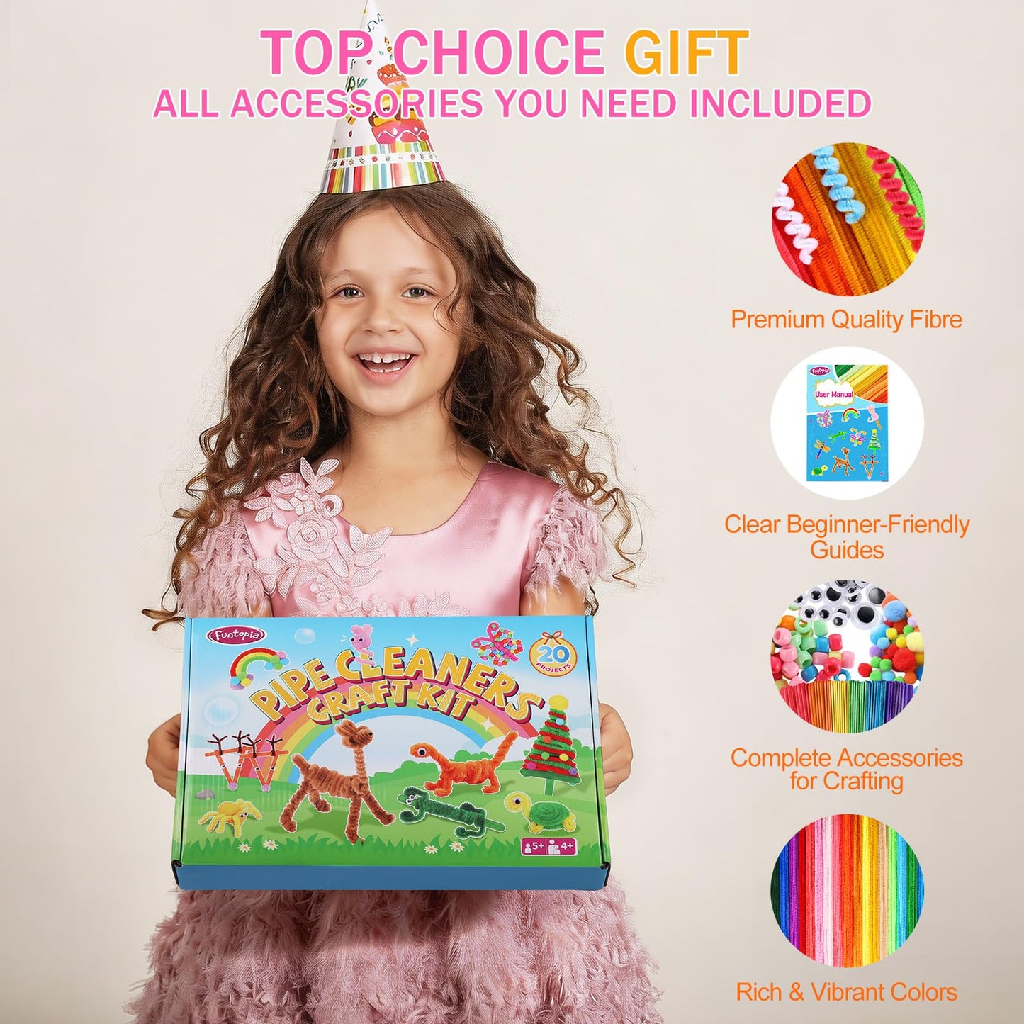Funtopia 750pcs Pipe Cleaners Arts and Crafts Supplies for Kids, 20 Colors Chenille Stems with Craft Sticks & Pom Poms, DIY School Projects with 20 Simple Patterns Manual for Kids Ages 4 5 6 8 12