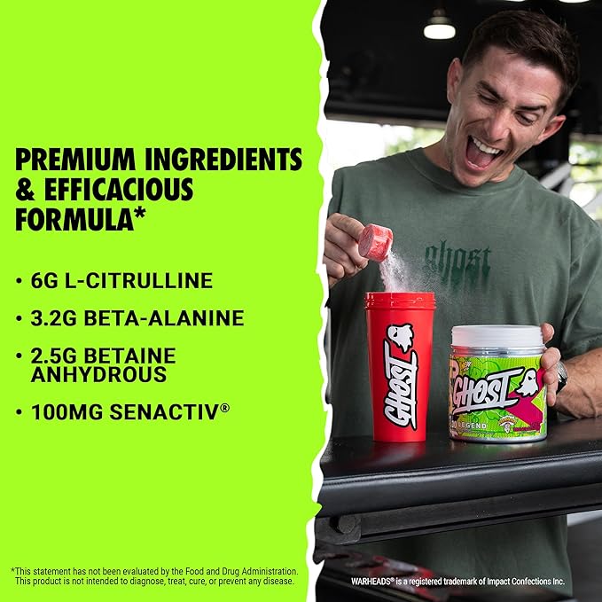 GHOST Legend Pre-Workout Powder, Warheads Sour Watermelon - 30 Servings – Pre-Workout for Men & Women with Choline, L-Citrulline, & Beta Alanine for Energy & Focus