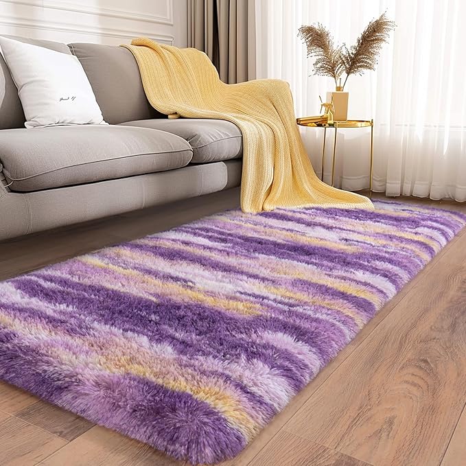 Soft Runner Rugs for Bedroom Hallways, 2x5 Abstract Purple Fluffy Shag Throw Area Rug Non Slip for Bedside Dorm, Long Shaggy Furry Carpet for Nursery Living Room