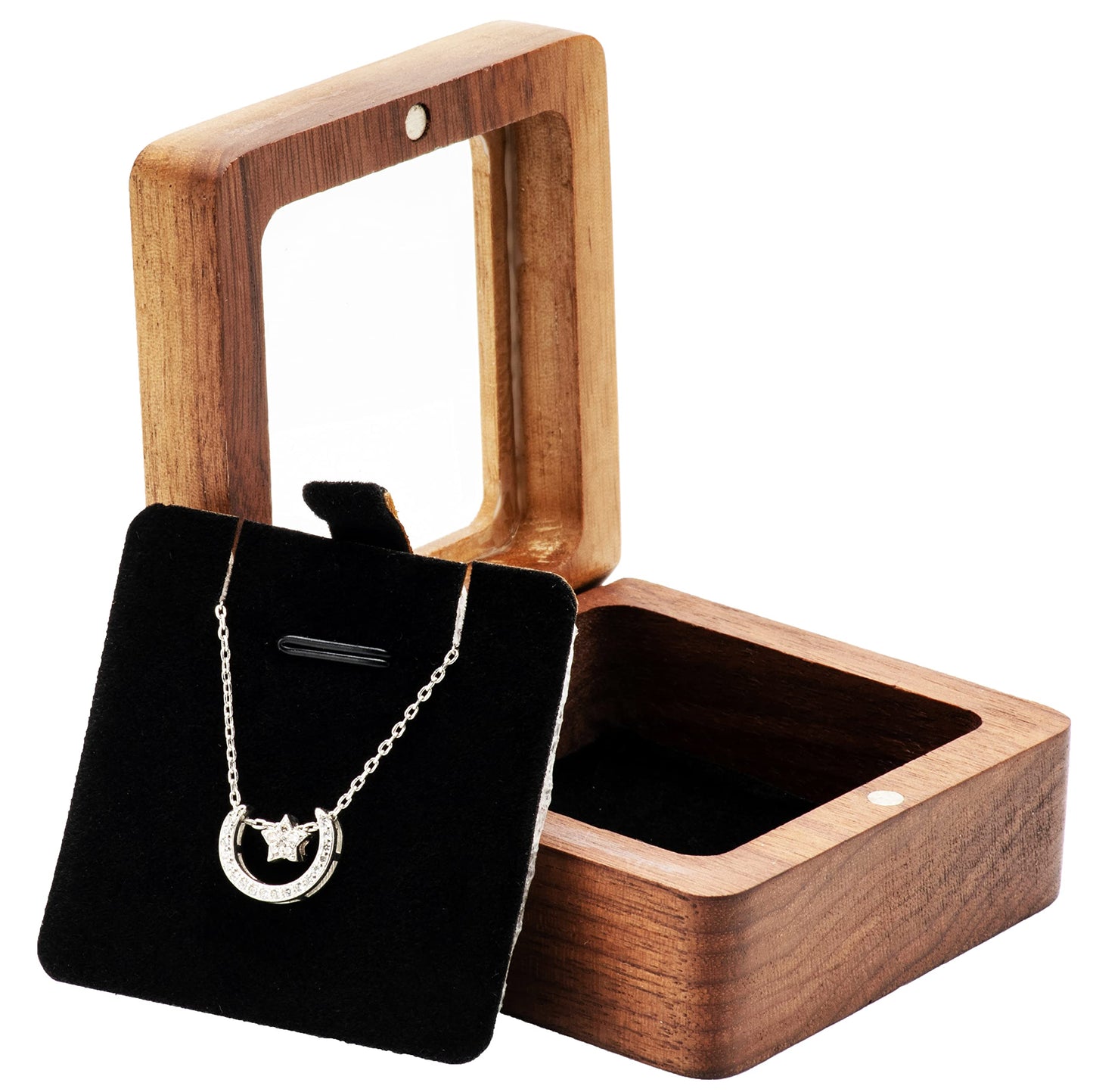 COSISO Vintage Natural Walnut Wood Necklace Box with Acrylic Lid,Pendant Storage Case Jewelry Display Box for Anniversary Propose Christmas