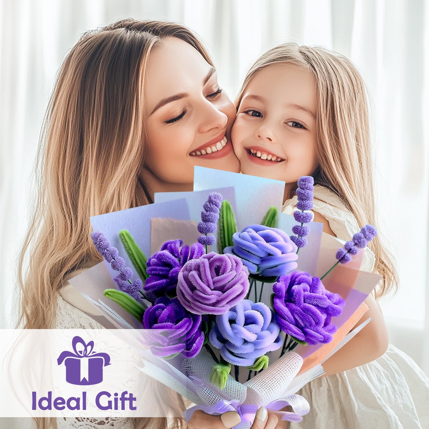 EARLY MINDS 500 Pcs Pipe Cleaners Craft Kit for Flower Making, DIY Bouquet Set with 8mm Chenille Stems, Step-by-Step Tutorial, Floral Wire, Ribbon & Tools for Handmade Gifts and Decor, Purple