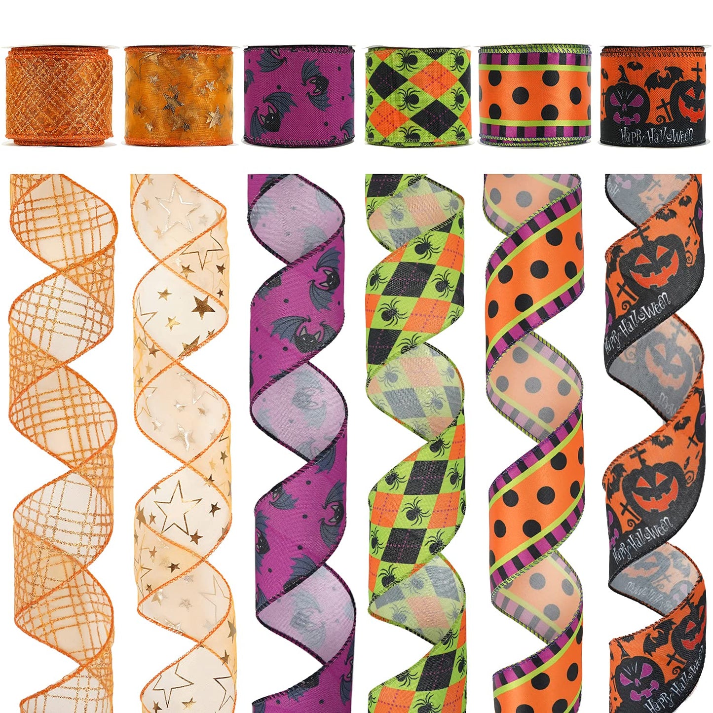 MEEDEE Halloween Wired Ribbon - 6 Rolls, 36 Yards, Black & Orange, Buffalo Plaid & Pumpkin Designs for Wreaths