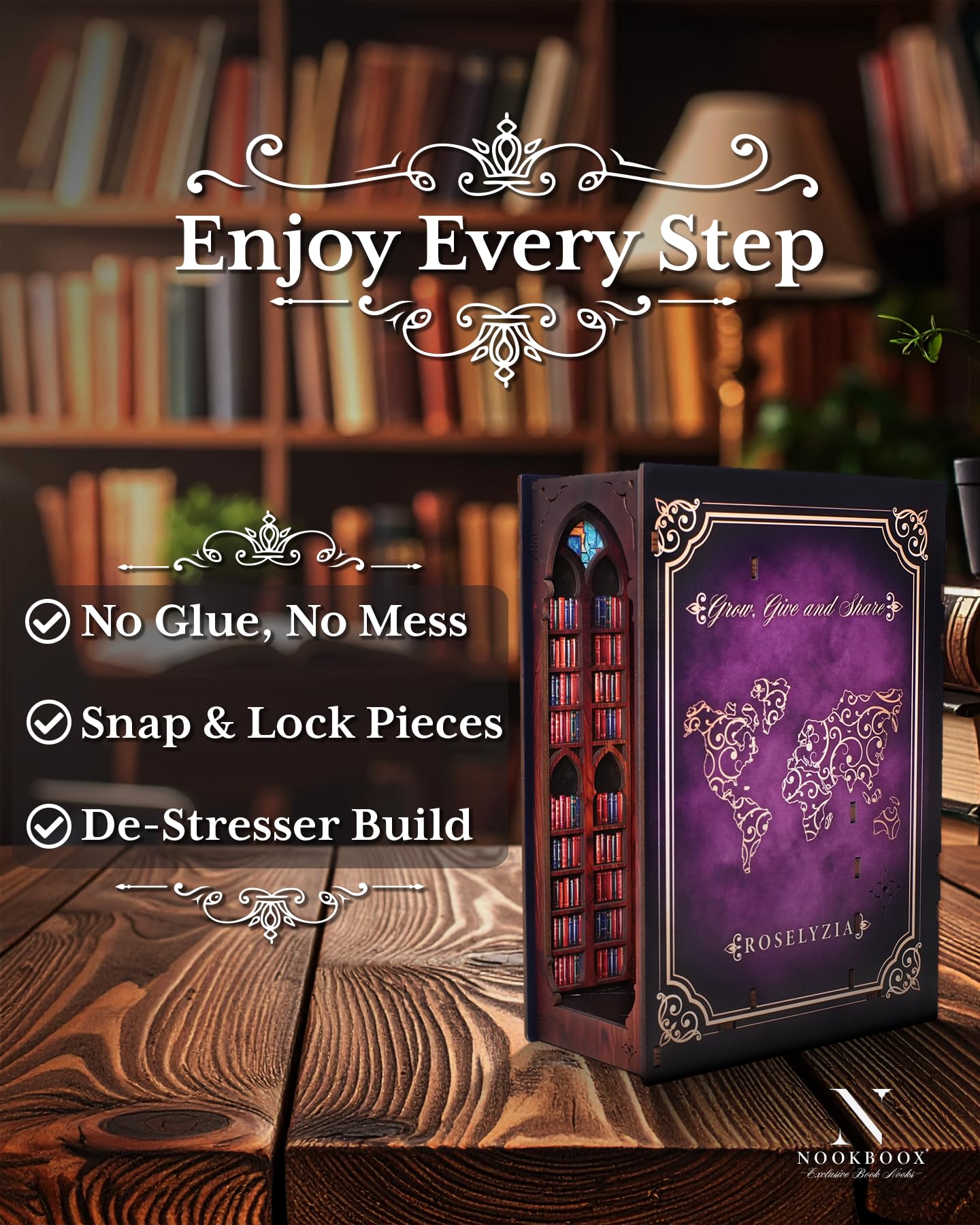 Book Nook Kit – NOOKBOOX by ROSELYZIA – DIY Miniature Dollhouse 3D Wooden Puzzle with LED Light – Bookshelf Decor Gift for Adults & Teens – Violet Purple